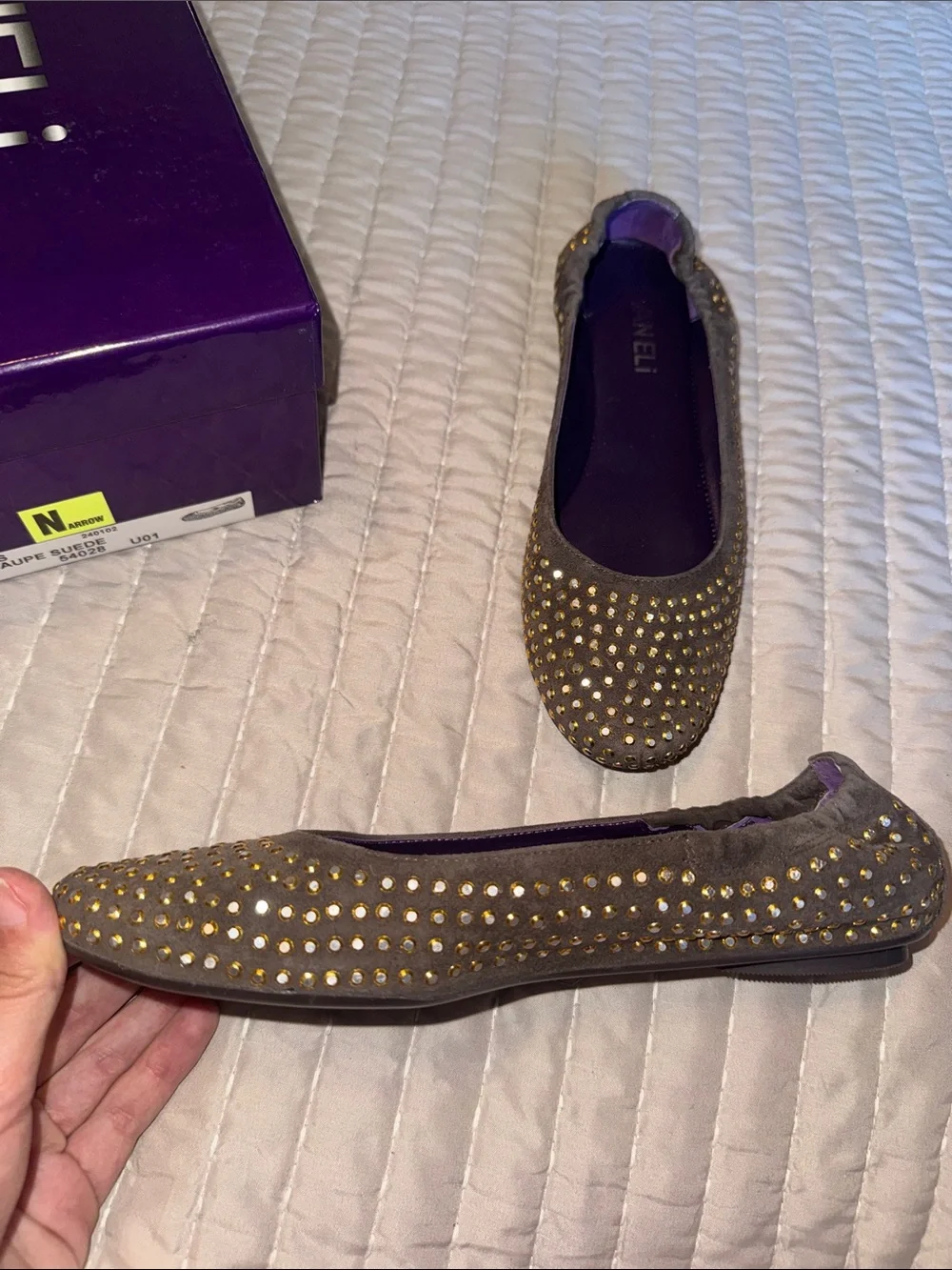Vaneli Gray Flats with Gold Stud Embellishments